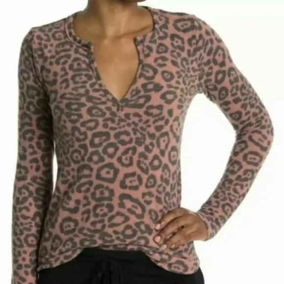 Socialite Tops - Socialite Split Neck Henley Long Sleeve Soft Cozy Shirt Leopard Womens Med NWT
